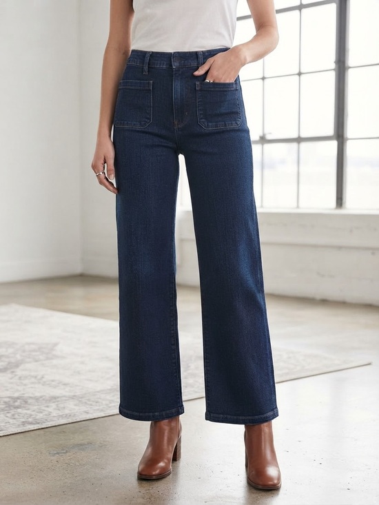 Madewell Denim - Madewell The Emmett Dark Blue Wide-Leg High-Rise Patch Pocket Jeans